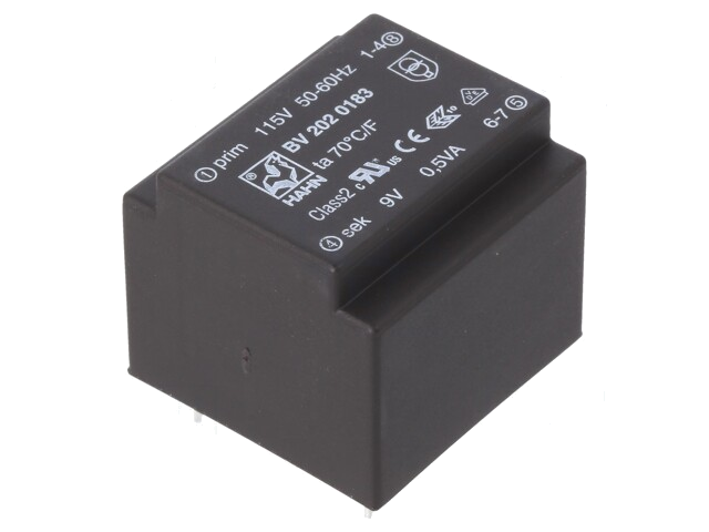 Transformator: ingegoten; 0,5VA; 115VAC; 9V; 56mA; PCB; BV Transformator: ingegoten; 0,5VA; 115VAC; 9V; 56mA; PCB; BV